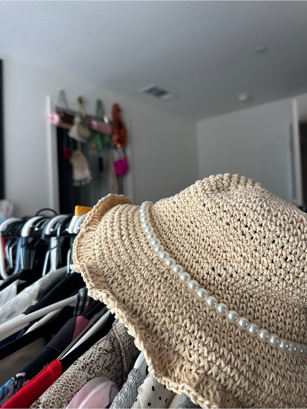 Pearl-Trim Woven Sun Hat in Beige - Picture 2 of 3